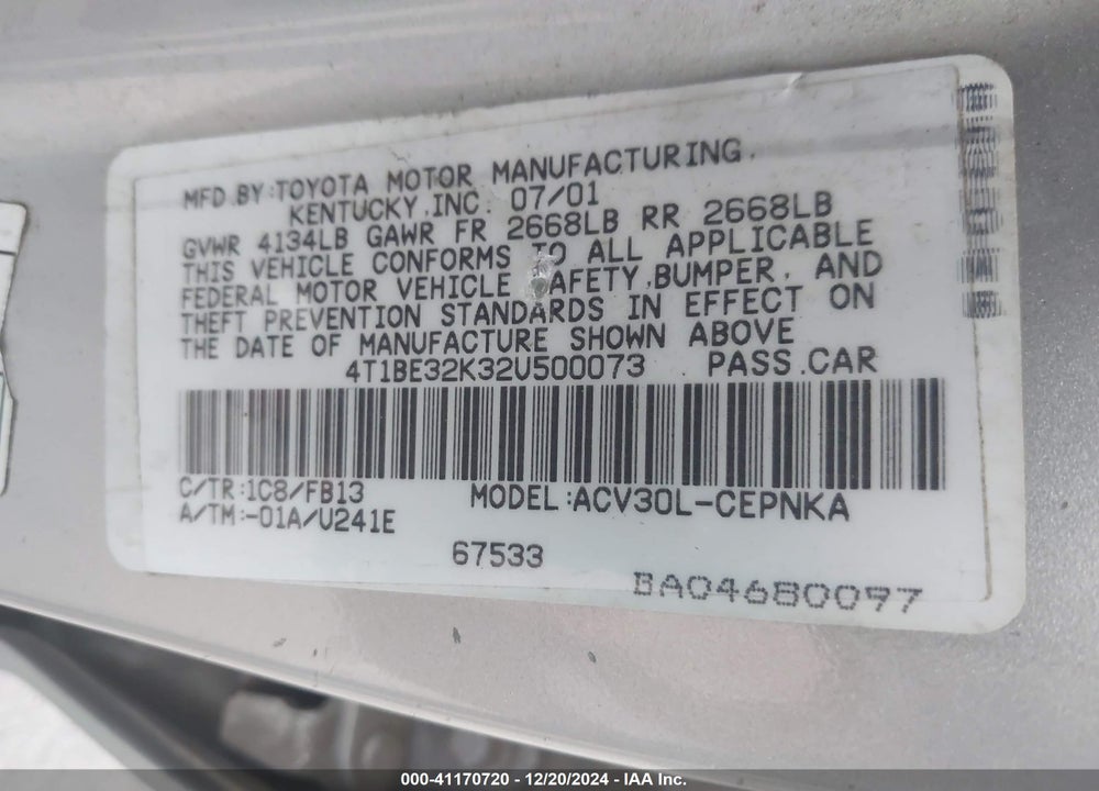 2002 TOYOTA CAMRY LE VIN: 4T1BE32K32U500073