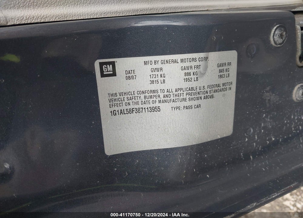 2008 CHEVROLET COBALT VIN: 1G1AL58F387113955