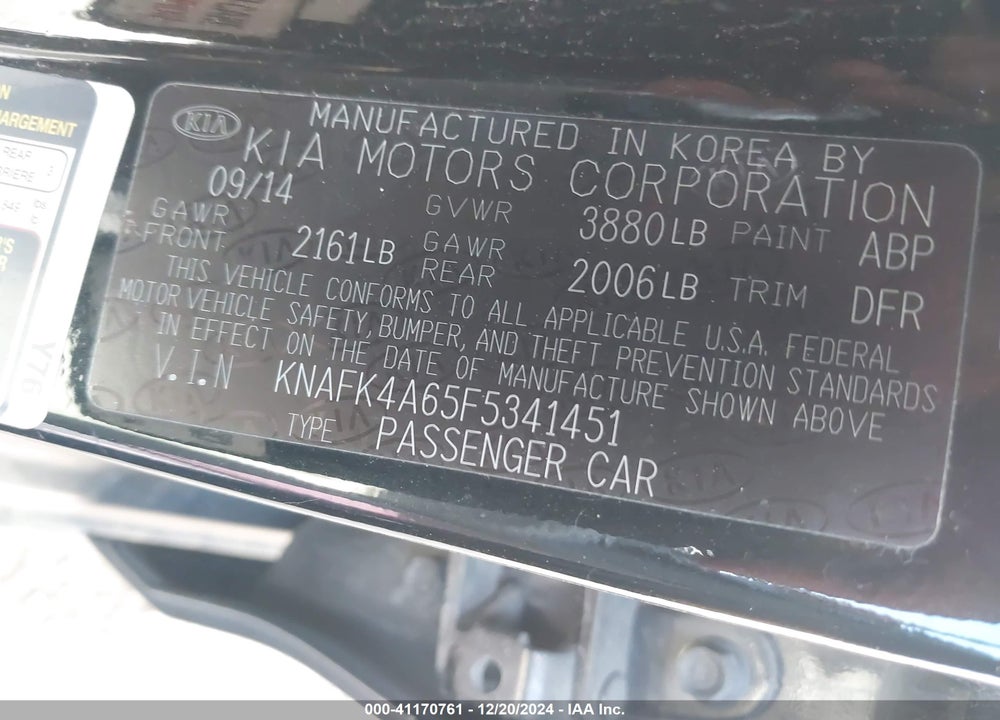 2015 KIA FORTE LX VIN: KNAFK4A65F5341451