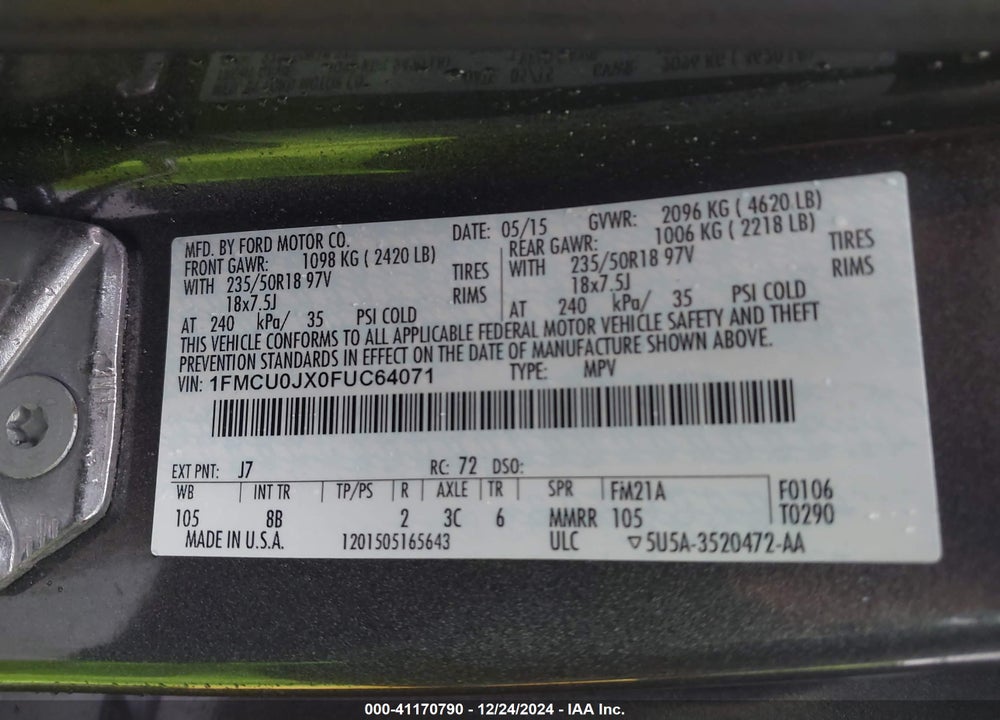 2015 FORD ESCAPE TITANIUM VIN: 1FMCU0JX0FUC64071