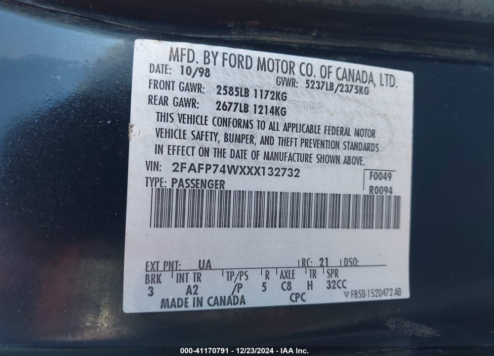 1999 FORD CROWN VICTORIA LX VIN: 2FAFP74WXXX132732