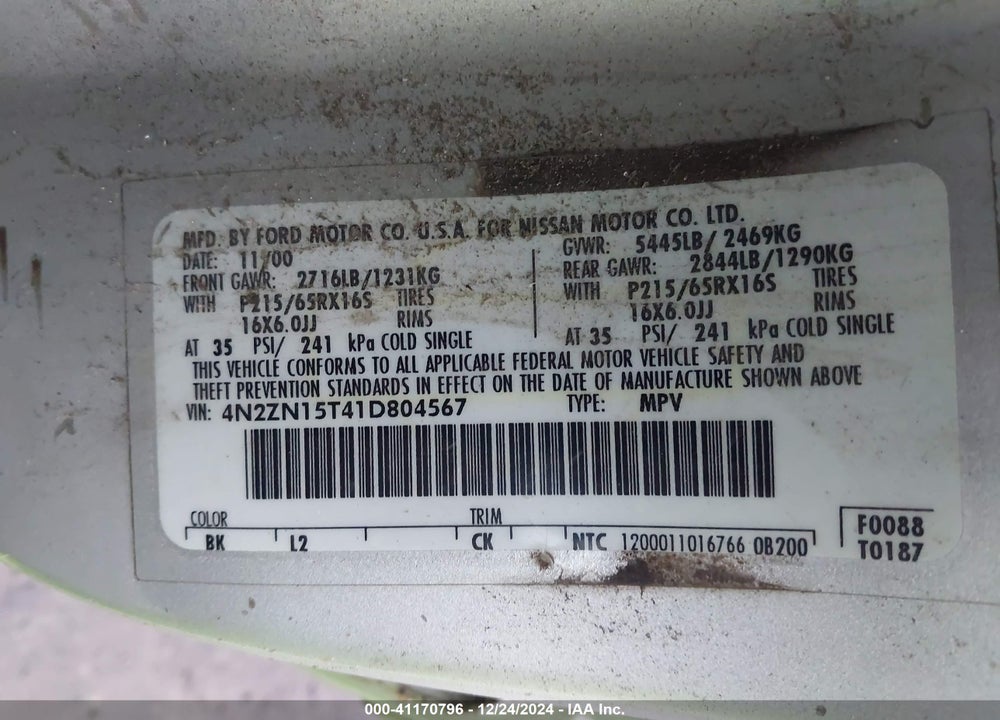 2001 NISSAN QUEST GXE VIN: 4N2ZN15T41D804567