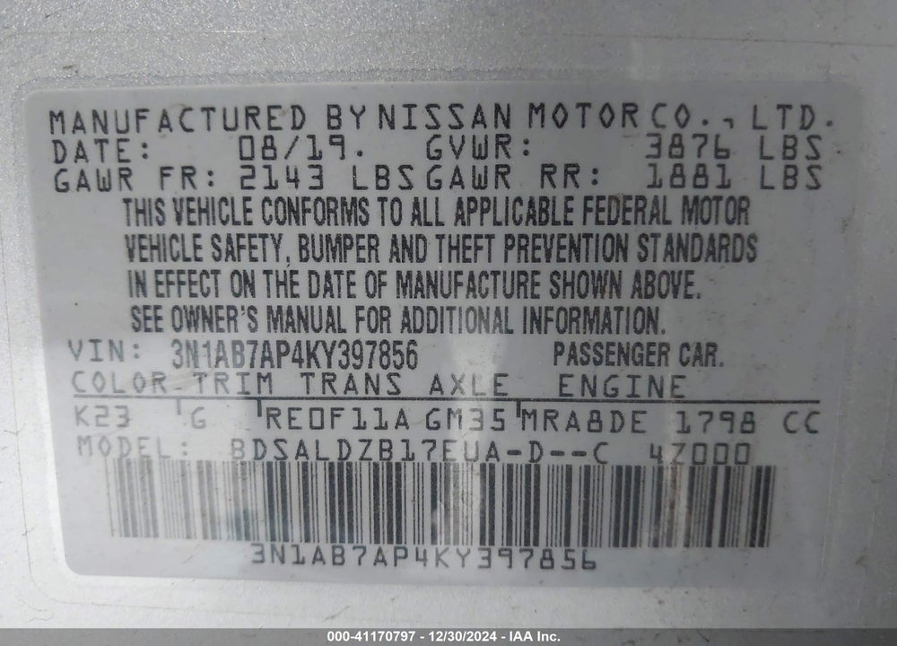 2019 NISSAN SENTRA SV VIN: 3N1AB7AP4KY397856