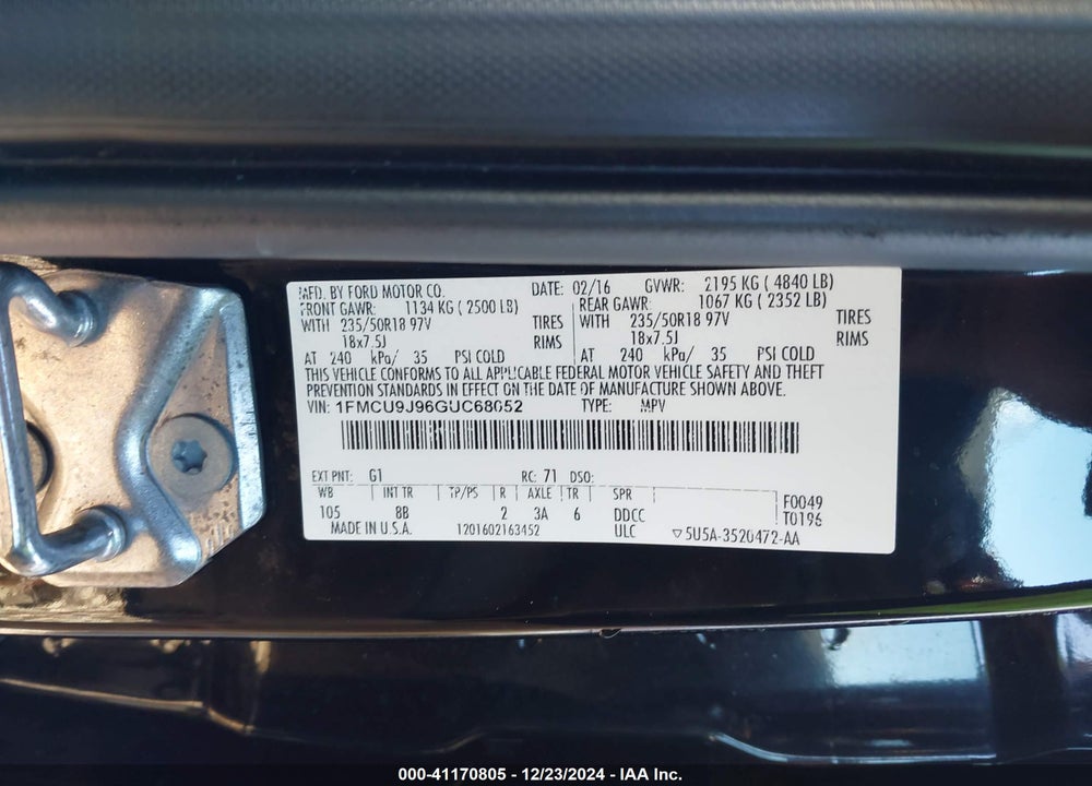 2016 FORD ESCAPE TITANIUM VIN: 1FMCU9J96GUC68052