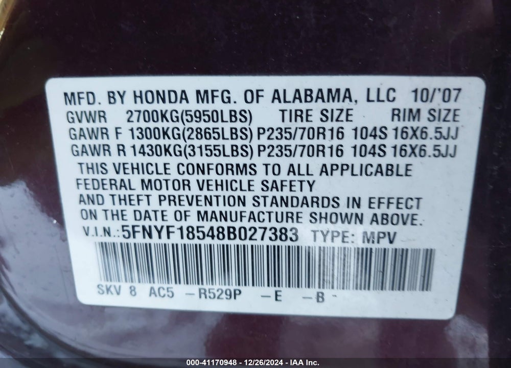 2008 HONDA PILOT EX-L VIN: 5FNYF18548B027383