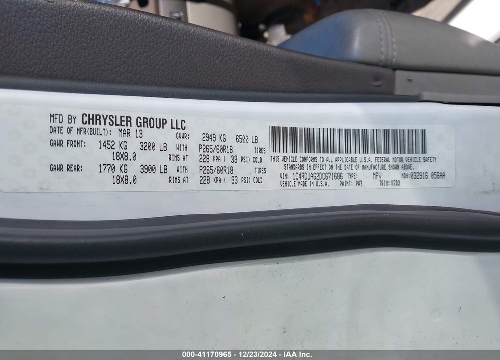 2013 DODGE DURANGO SXT VIN: 1C4RDJAG2DC671686