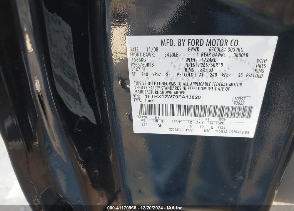 2009 FORD F-150 STX VIN: 1FTRX12W79FA13820