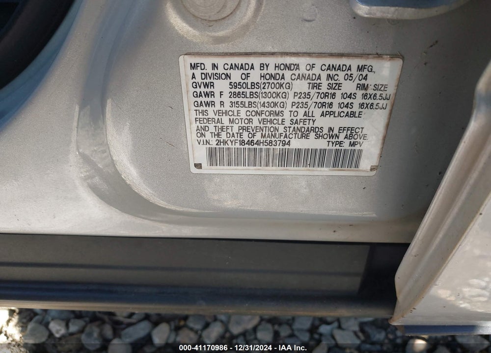 2004 HONDA PILOT EX VIN: 2HKYF18464H583794