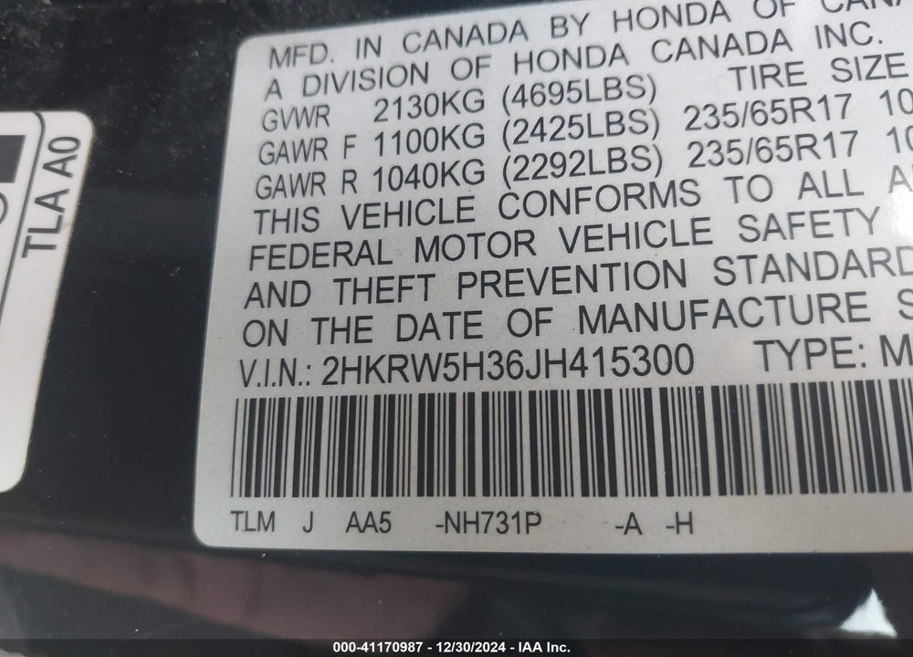 2018 HONDA CR-V LX VIN: 2HKRW5H36JH415300