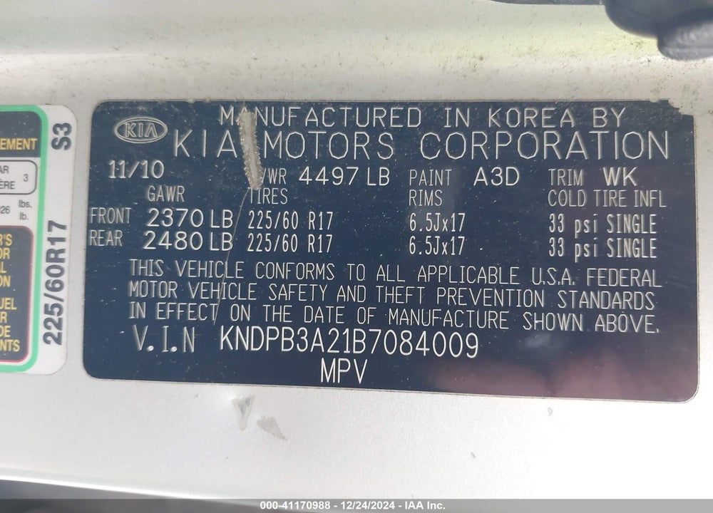 2011 KIA SPORTAGE VIN: KNDPB3A21B7084009