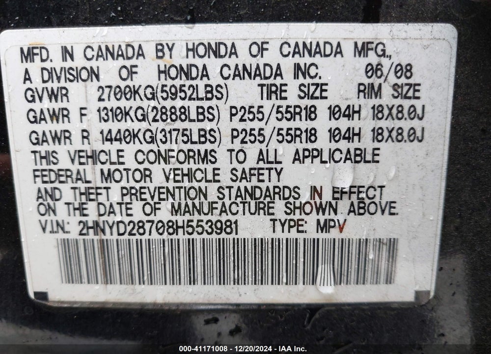 2008 ACURA MDX SPORT PACKAGE VIN: 2HNYD28708H553981