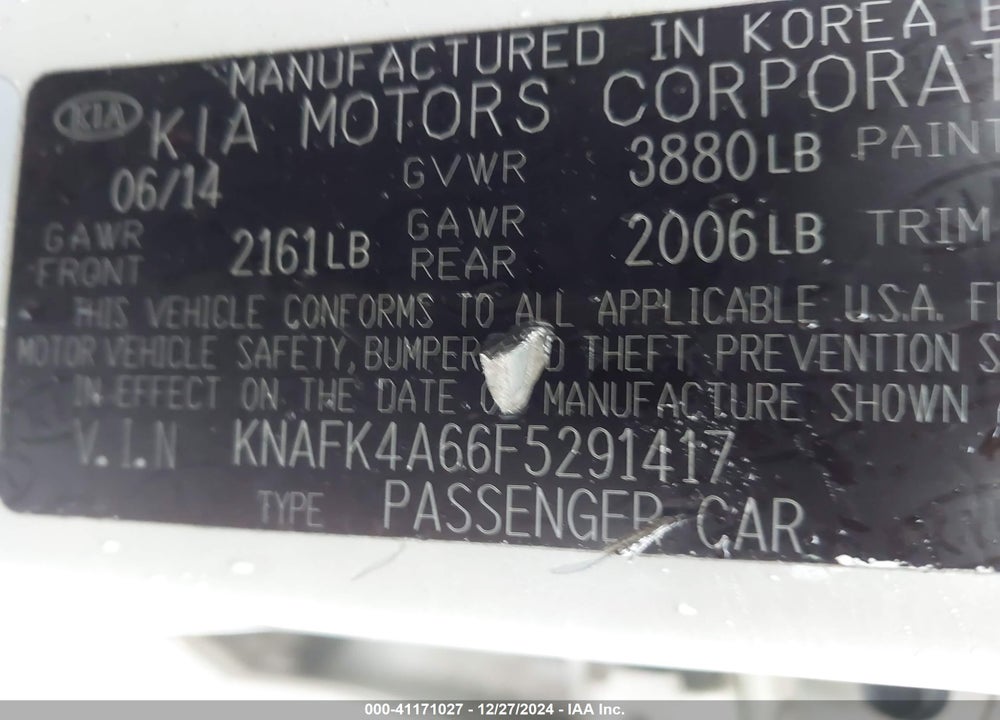 2015 KIA FORTE VIN: KNAFK4A66F5291417