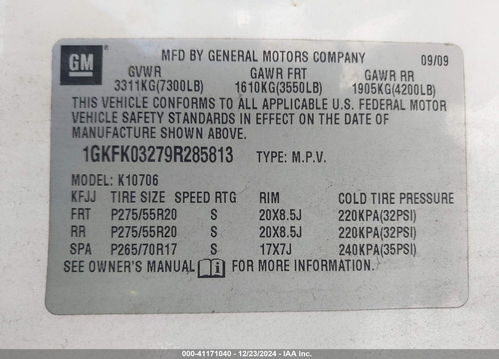 2009 GMC YUKON VIN: 1GKFK03279R285813