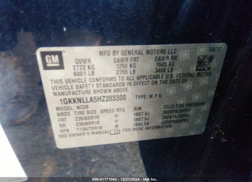 2017 GMC ACADIA SLE-2 VIN: 1GKKNLLA5HZ283300