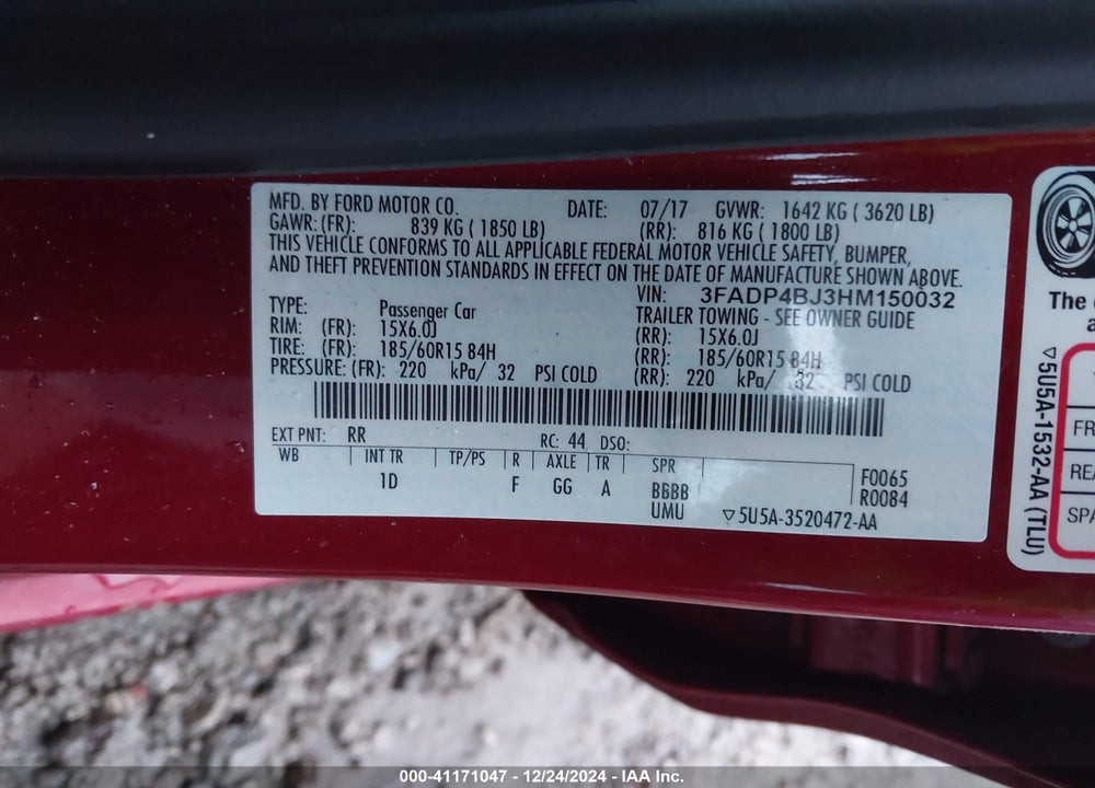 2017 FORD FIESTA SE VIN: 3FADP4BJ3HM150032