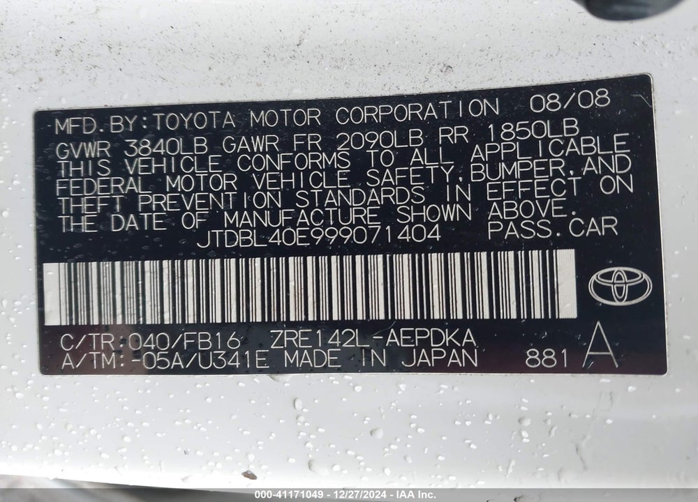 2009 TOYOTA COROLLA VIN: JTDBL40E999071404