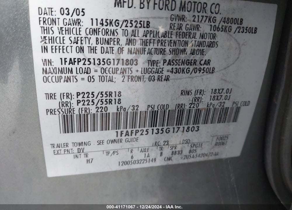 2005 FORD FIVE HUNDRED LIMITED VIN: 1FAFP25135G171803