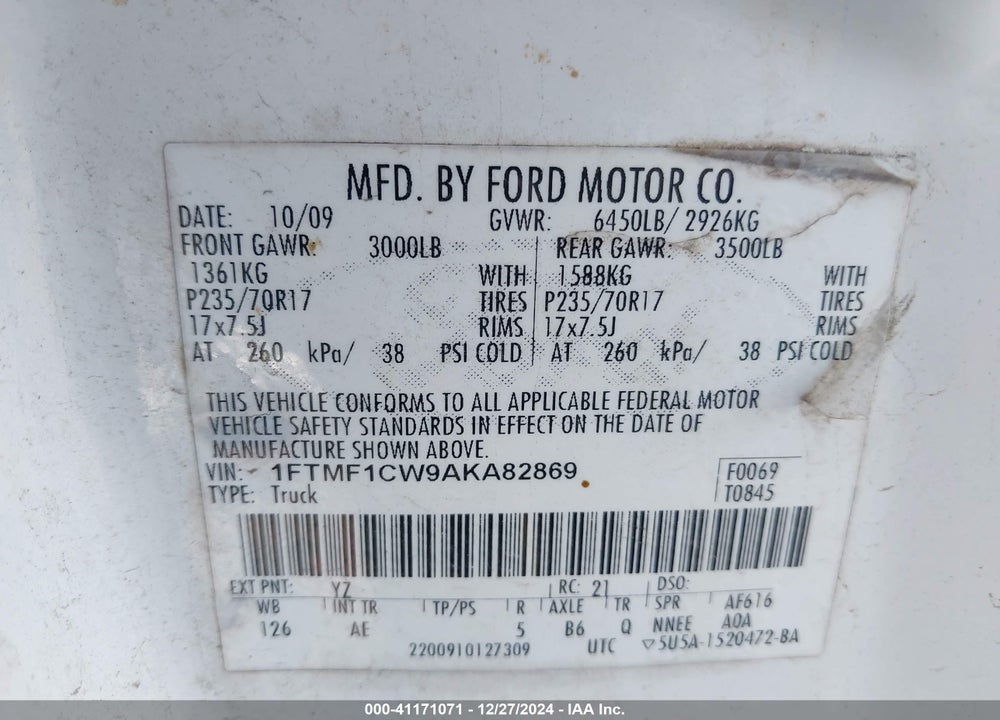 2010 FORD F-150 STX/XL/XLT VIN: 1FTMF1CW9AKA82869