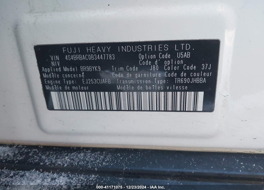 2011 SUBARU OUTBACK 2.5I VIN: 4S4BRBAC0B3447783