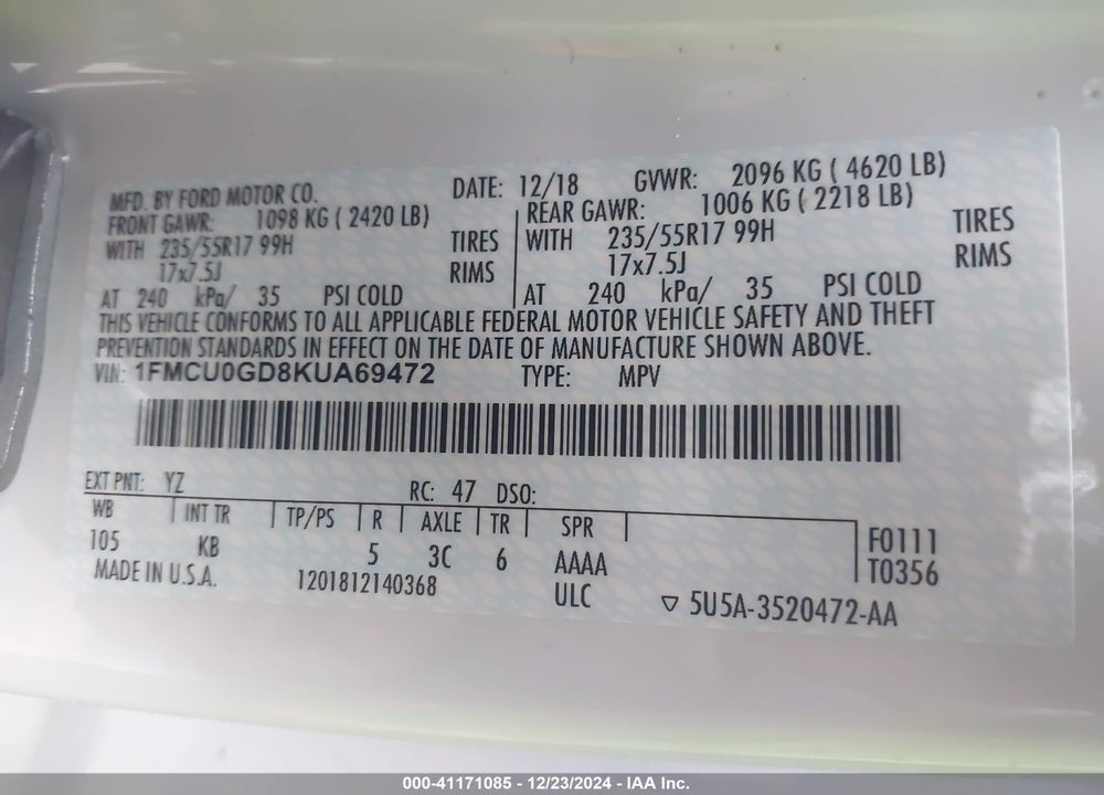 2019 FORD ESCAPE SE VIN: 1FMCU0GD8KUA69472