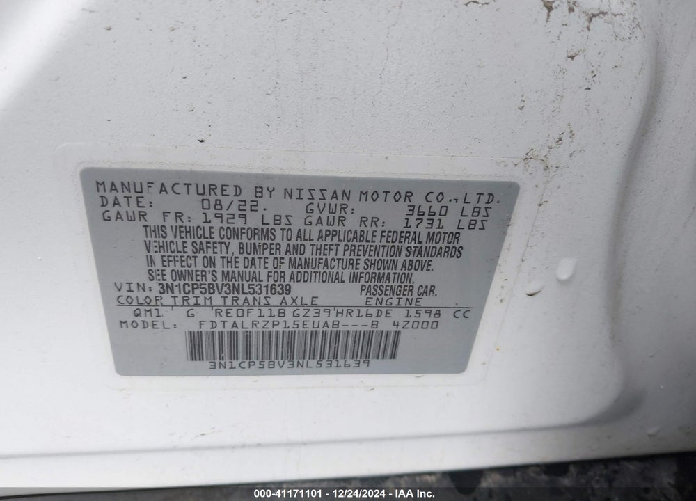 2022 NISSAN KICKS S XTRONIC CVT VIN: 3N1CP5BV3NL531639