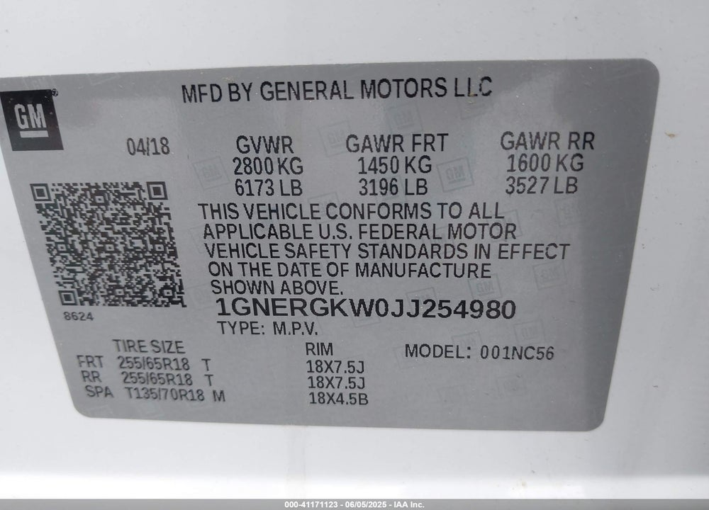 2018 CHEVROLET TRAVERSE VIN: 1GNERGKW0JJ254980