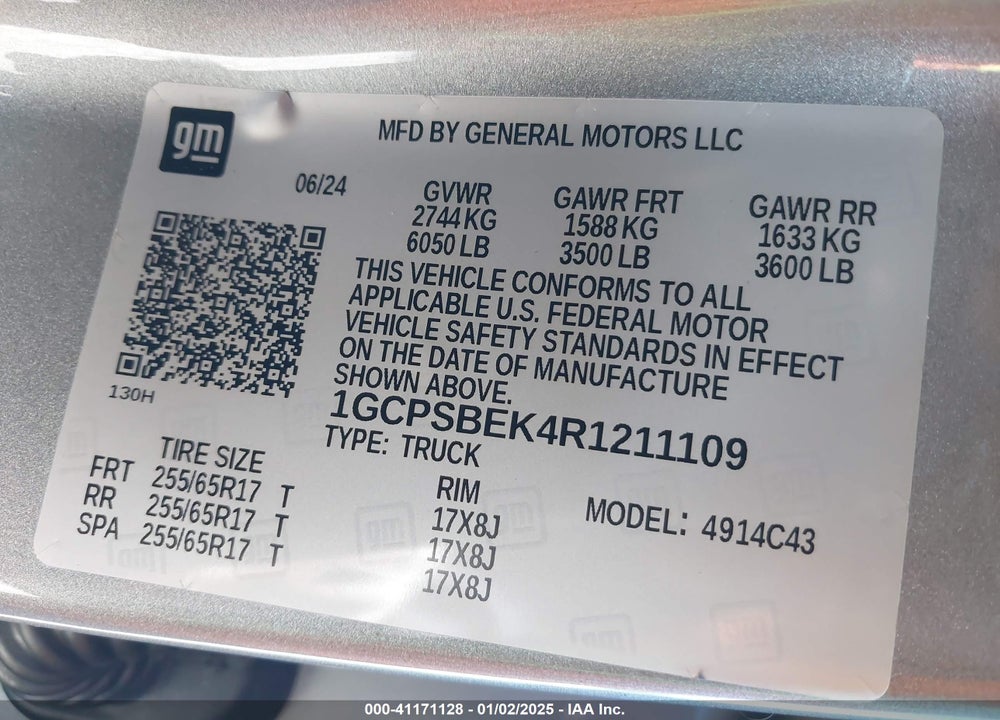 2024 CHEVROLET COLORADO 2WD WT VIN: 1GCPSBEK4R1211109