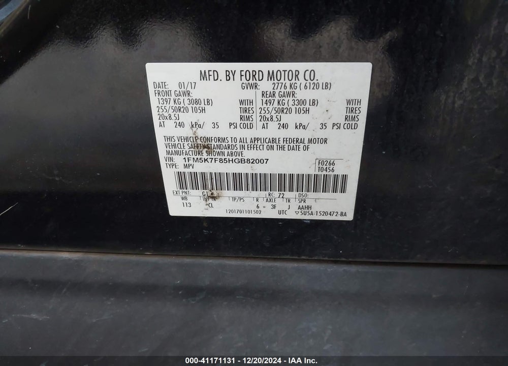 2017 FORD EXPLORER LIMITED VIN: 1FM5K7F85HGB82007