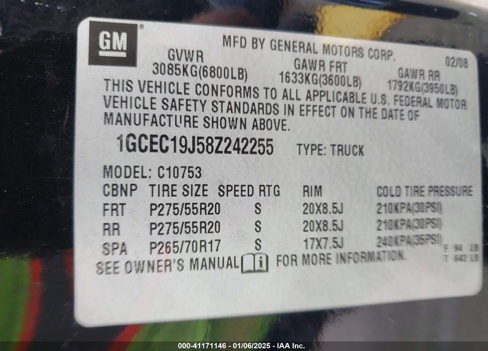 2008 CHEVROLET SILVERADO 1500 VIN: 1GCEC19J58Z242255