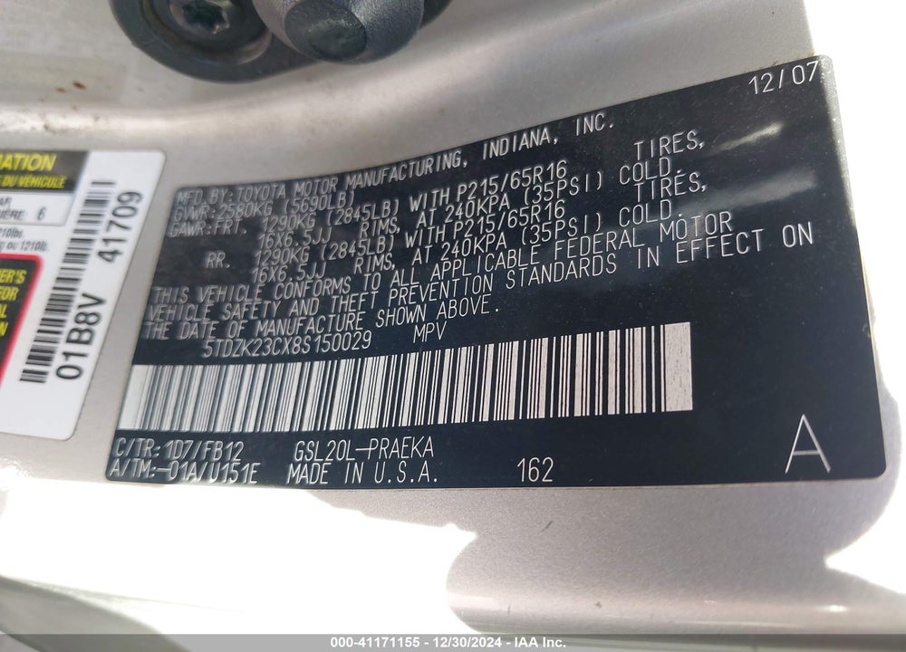 2008 TOYOTA SIENNA CE VIN: 5TDZK23CX8S150029