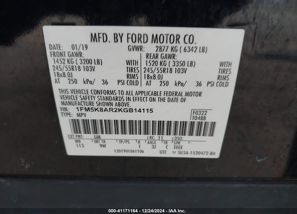 2019 FORD POLICE INTERCEPTOR VIN: 1FM5K8AR2KGB14115