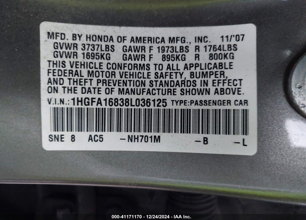 2008 HONDA CIVIC EX VIN: 1HGFA16838L036125