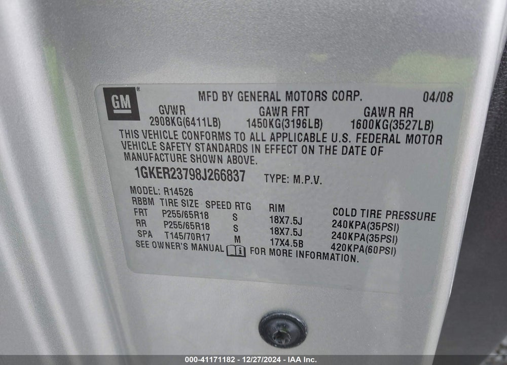 2008 GMC ACADIA SLT-1 VIN: 1GKER23798J266837