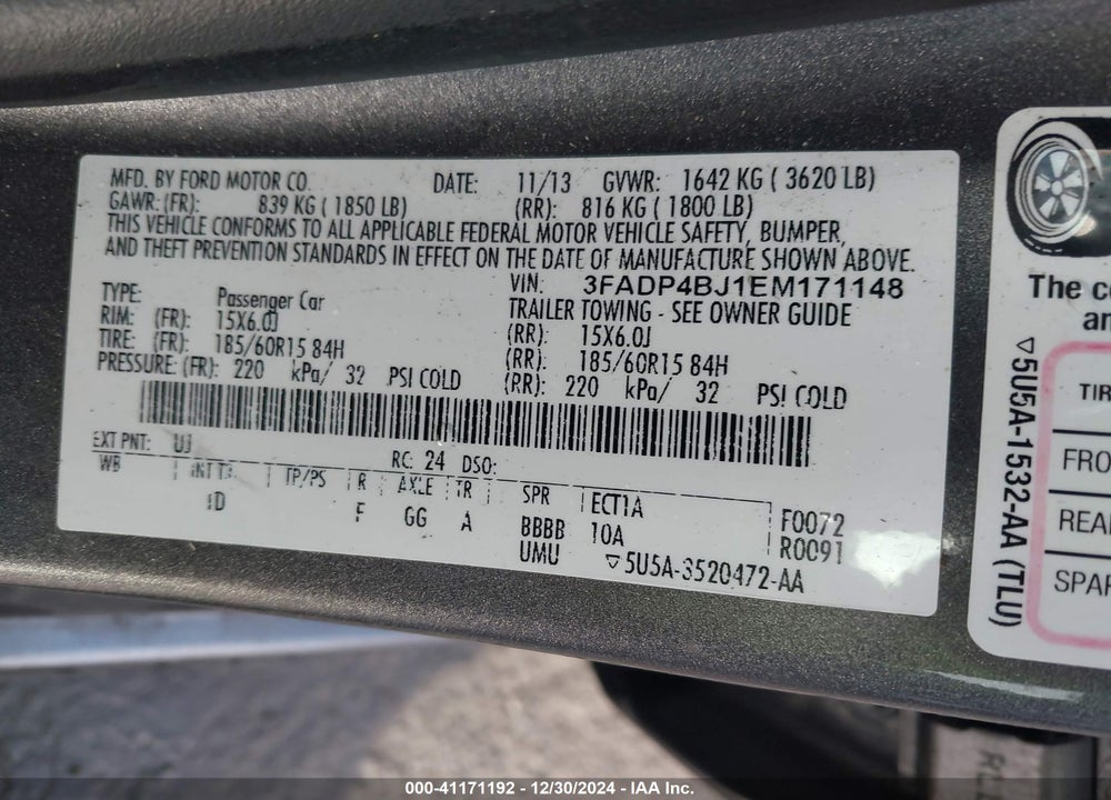 2014 FORD FIESTA SE VIN: 3FADP4BJ1EM171148