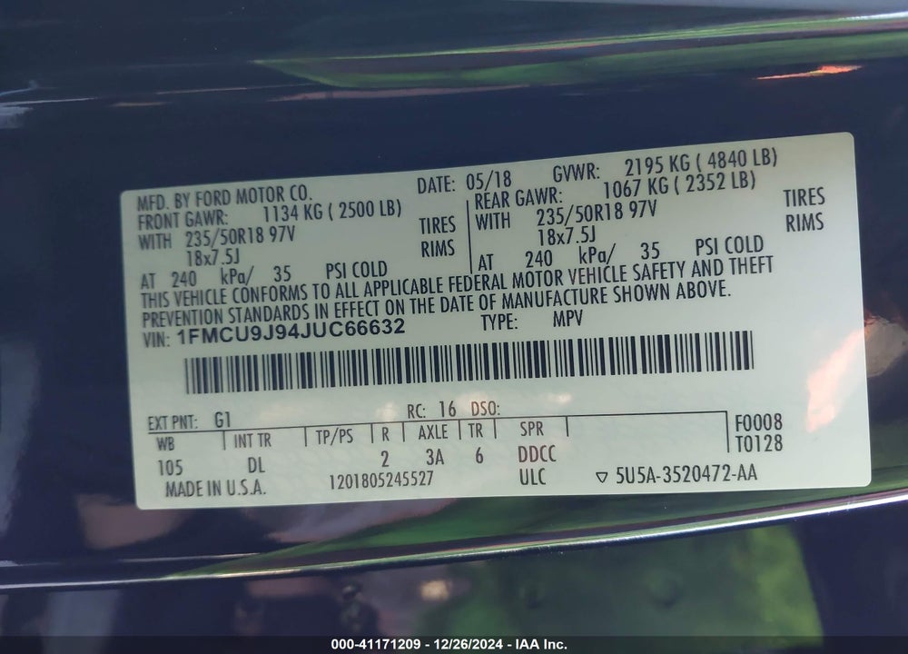 2018 FORD ESCAPE TITANIUM VIN: 1FMCU9J94JUC66632