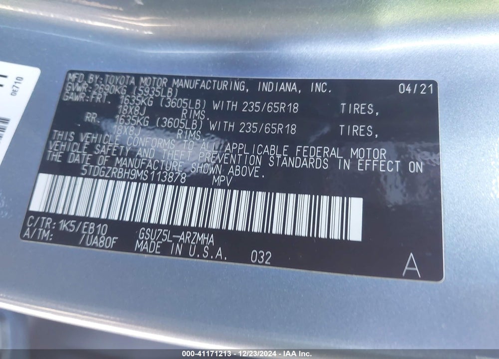 2021 TOYOTA HIGHLANDER XLE VIN: 5TDGZRBH9MS113878