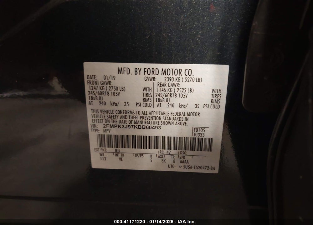 2019 FORD EDGE SEL VIN: 2FMPK3J97KBB60493