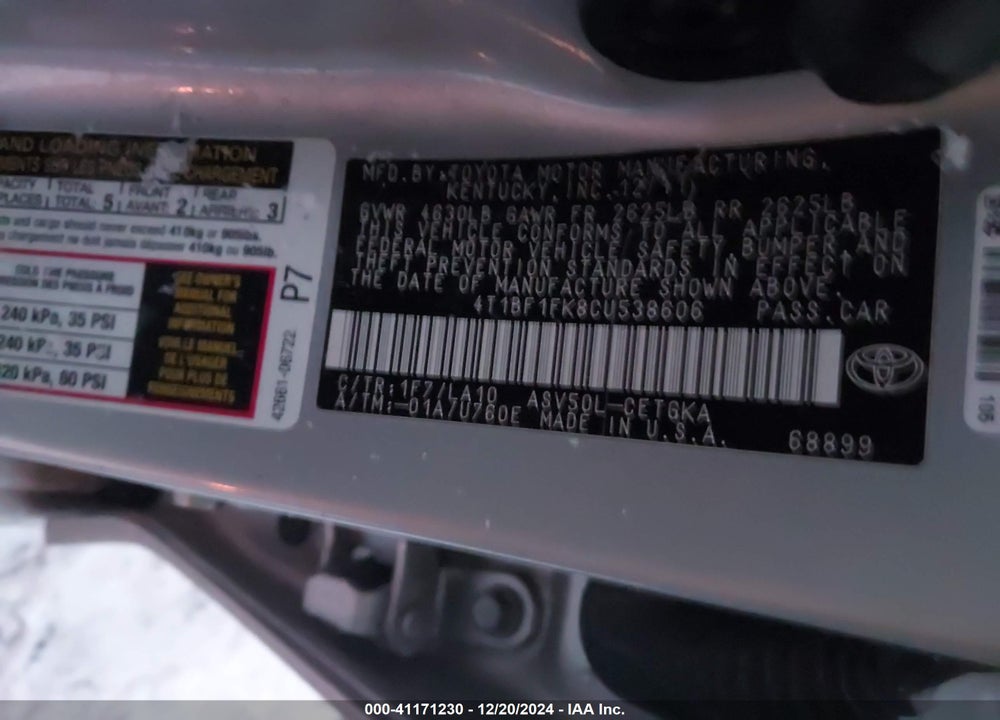2012 TOYOTA CAMRY XLE VIN: 4T1BF1FK8CU538606