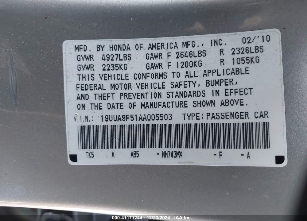 2010 ACURA TL 3.7 VIN: 19UUA9F51AA005503