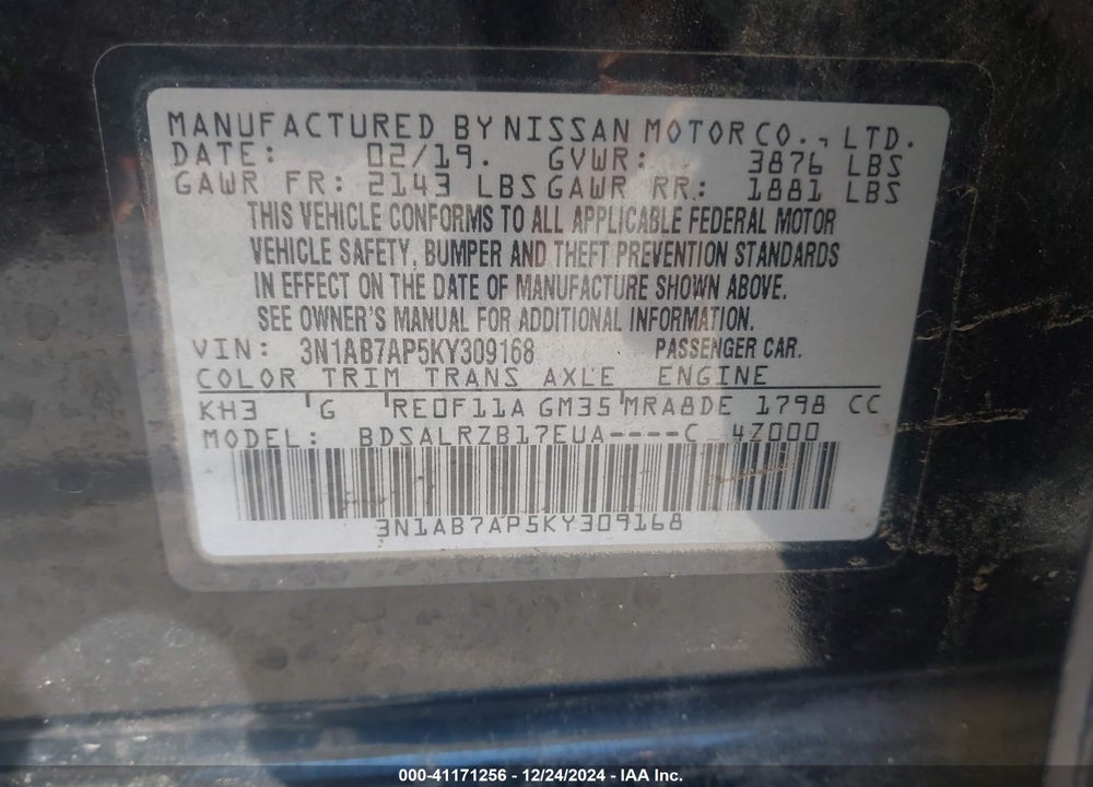 2019 NISSAN SENTRA VIN: 3N1AB7AP5KY309168