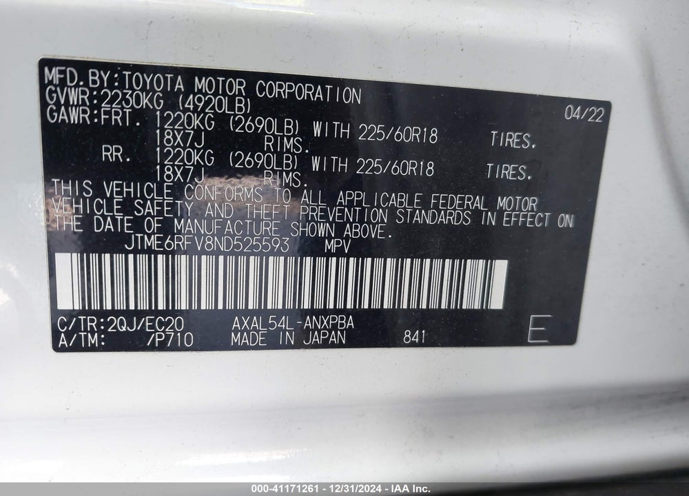 2022 TOYOTA RAV4 HYBRID XSE VIN: JTME6RFV8ND525593