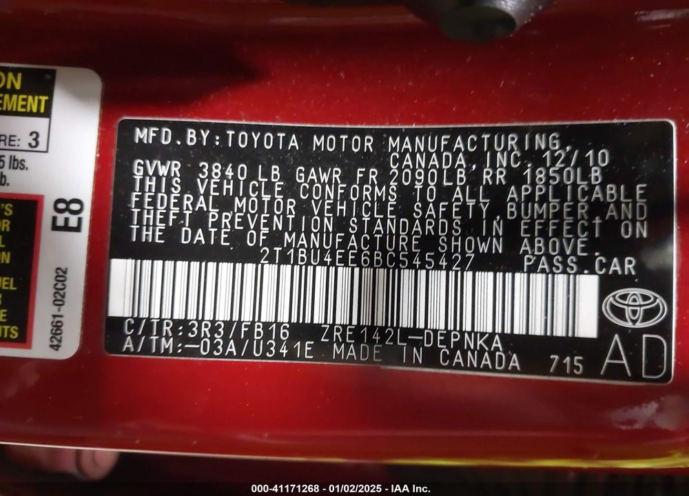 2011 TOYOTA COROLLA LE VIN: 2T1BU4EE6BC545427