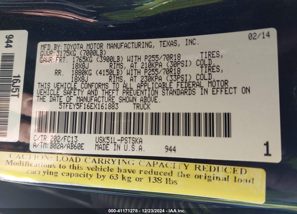 2014 TOYOTA TUNDRA SR5 5.7L V8 VIN: 5TFEY5F16EX161883