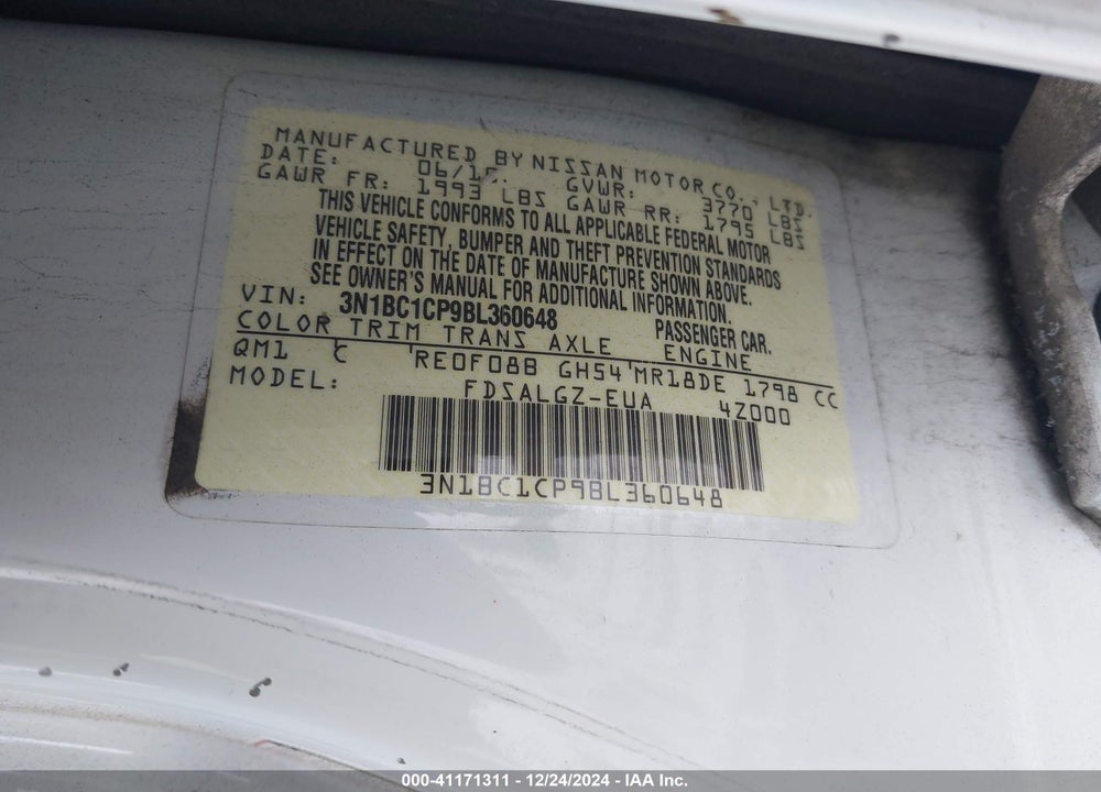 2011 NISSAN VERSA 1.8SL VIN: 3N1BC1CP9BL360648