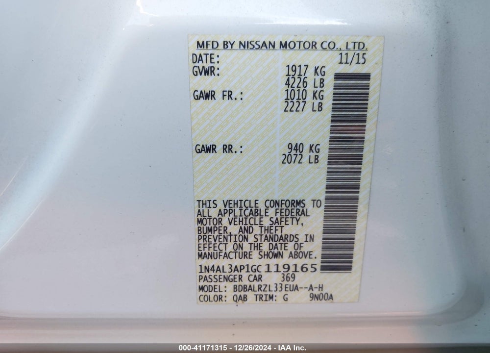 2016 NISSAN ALTIMA 2.5 SL VIN: 1N4AL3AP1GC119165
