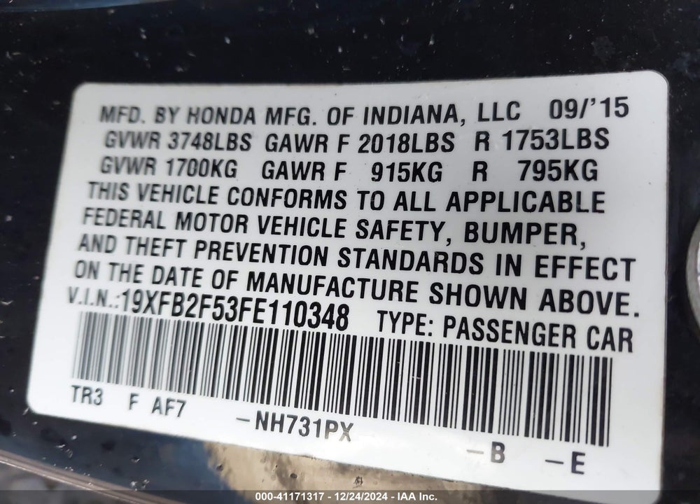 2015 HONDA CIVIC LX VIN: 19XFB2F53FE110348