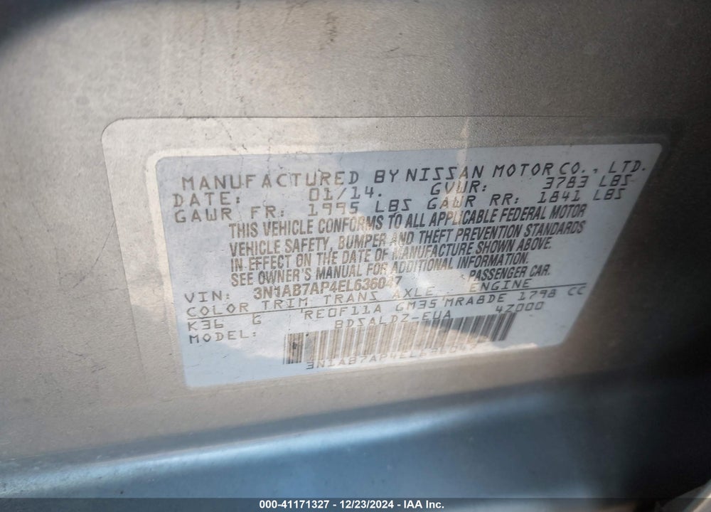2014 NISSAN SENTRA SV VIN: 3N1AB7AP4EL636047
