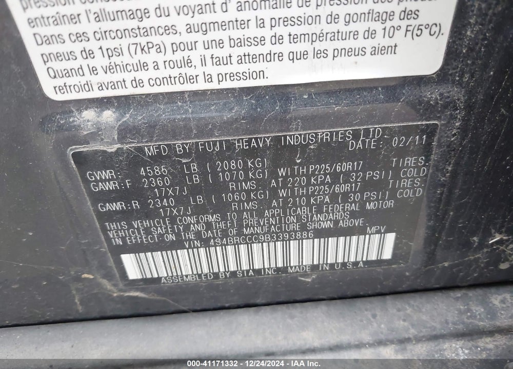 2011 SUBARU OUTBACK 2.5I PREMIUM VIN: 4S4BRCCC9B3393886