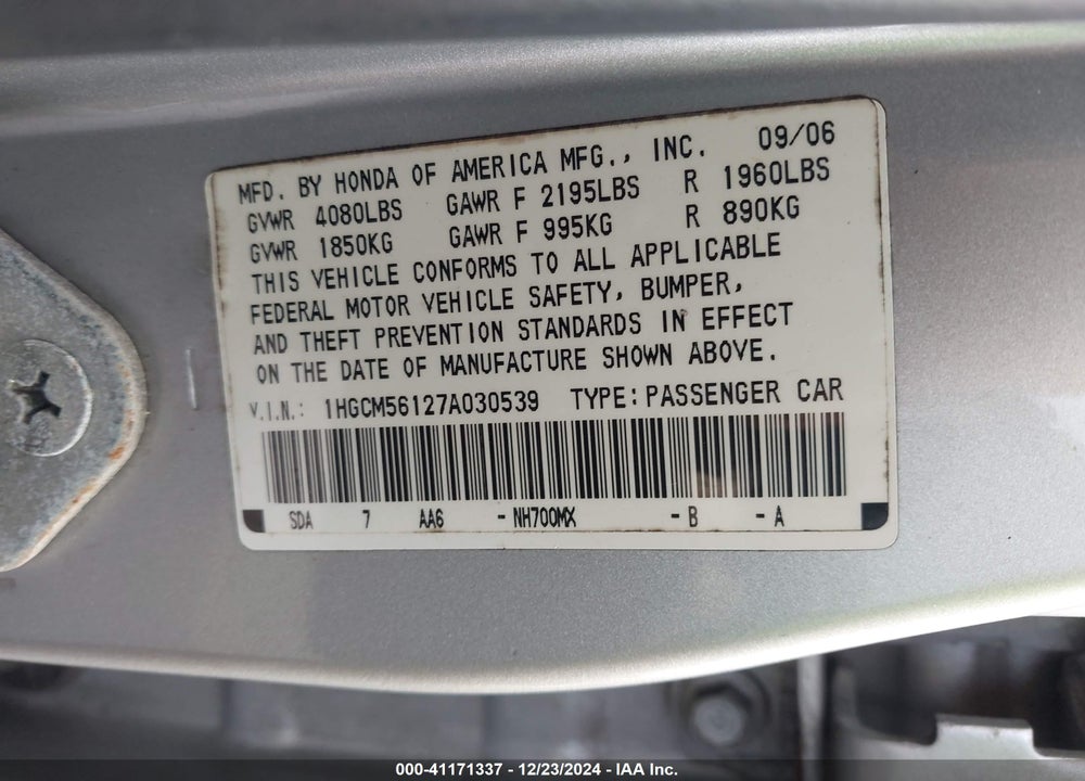 2007 HONDA ACCORD 2.4 VP VIN: 1HGCM56127A030539