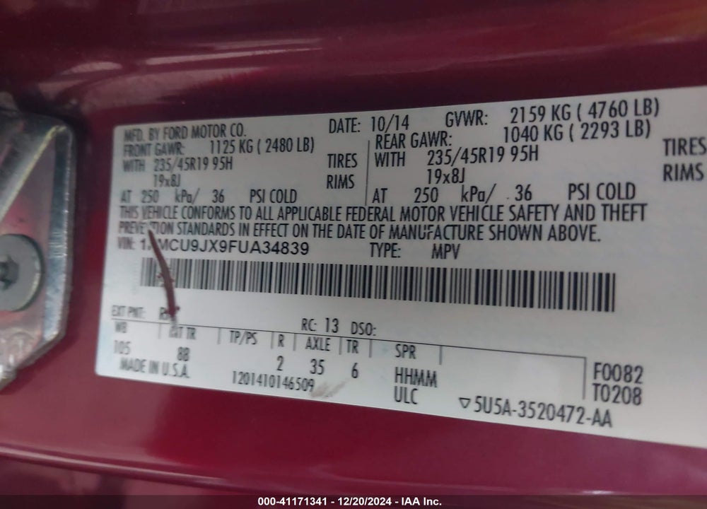 2015 FORD ESCAPE TITANIUM VIN: 1FMCU9JX9FUA34839